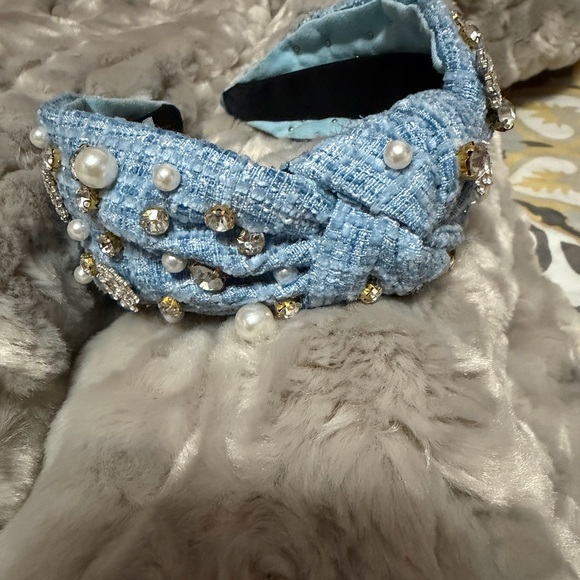 Blue Tweed Pearl Rhinestone Sparkle Luxury Plaid Knotted Headband (NWOT) - Picture 8 of 9